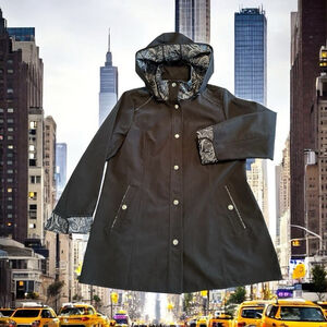 Dennis Basso Stylish Water Resistant Trench Coat Raincoat W/ Hood Womens S Black
